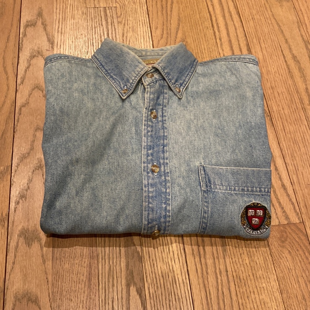Harvard-logo'd Button Down Denim Shirt